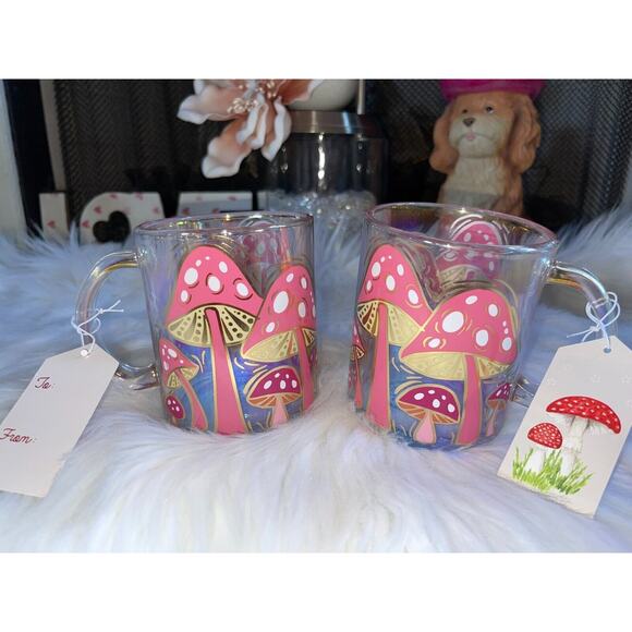 SHEEFIELD HOME Pink Mushrooms Clear Glass Coffee Cup Mug 18 Ounces - Picture 1 of 6